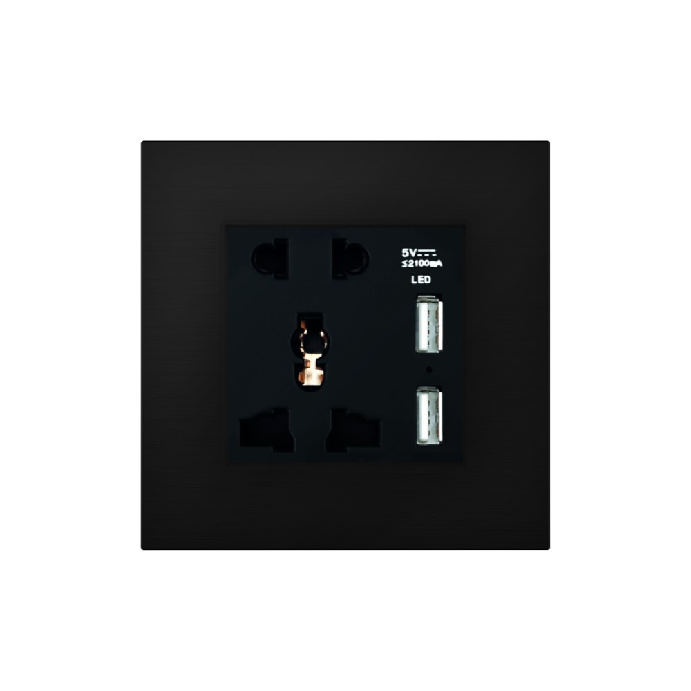 5 Pin Universal Switched Socket with 2 USB Chargers - Black