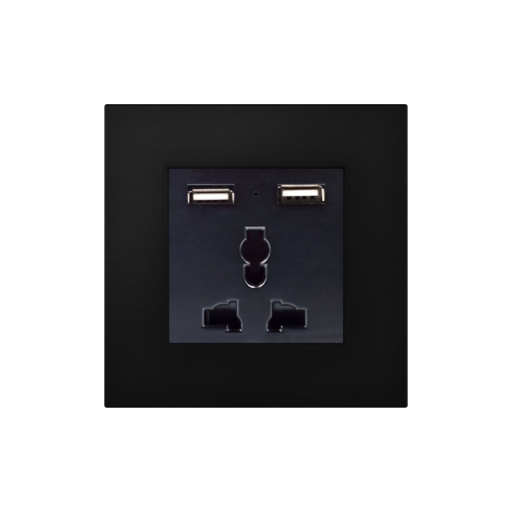 3 Pin Universal Socket with 2 USB Charger - Black