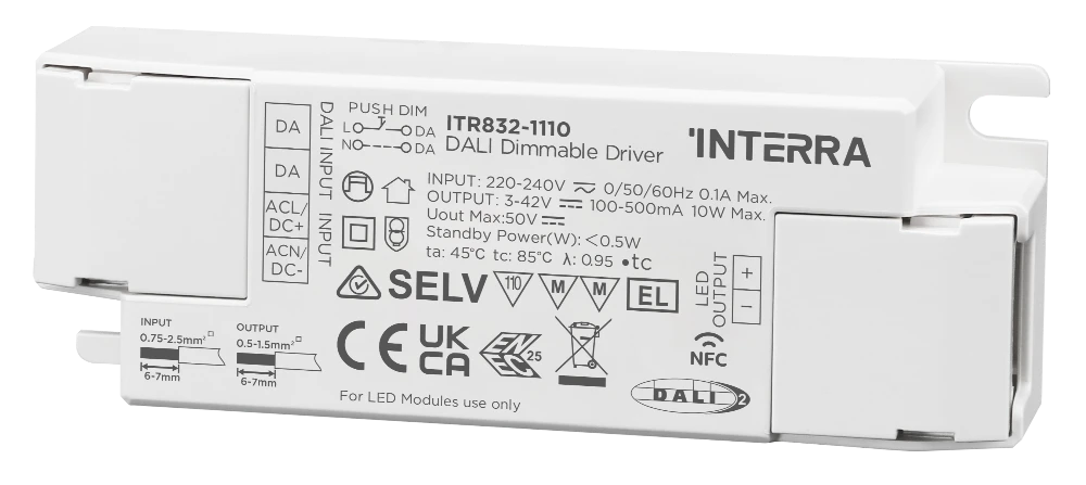 10W NFC Programmable DALI-2 DT6 Constant Current LED Driver (100 - 500 mA)