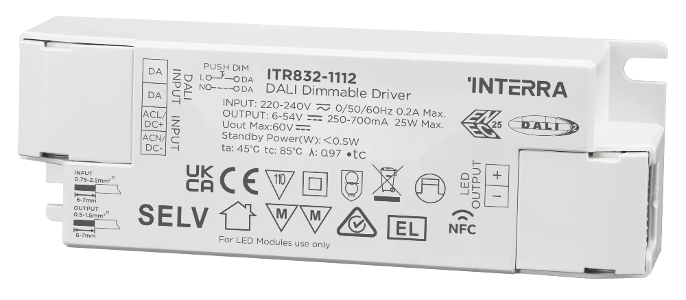 25W NFC Programmable DALI-2 DT6 Constant Current LED Driver (250 - 700 mA)