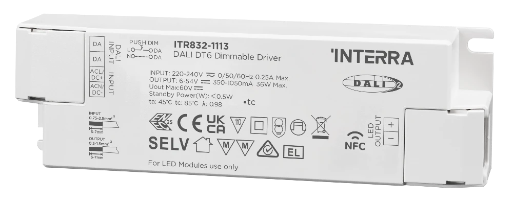 36W NFC Programmable DALI-2 DT6 Constant Current LED Driver (350 - 1050 mA)