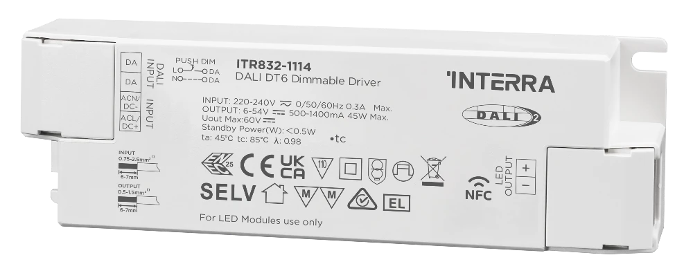 45W NFC Programmable DALI-2 DT6 Constant Current LED Driver (500 - 1400 mA)